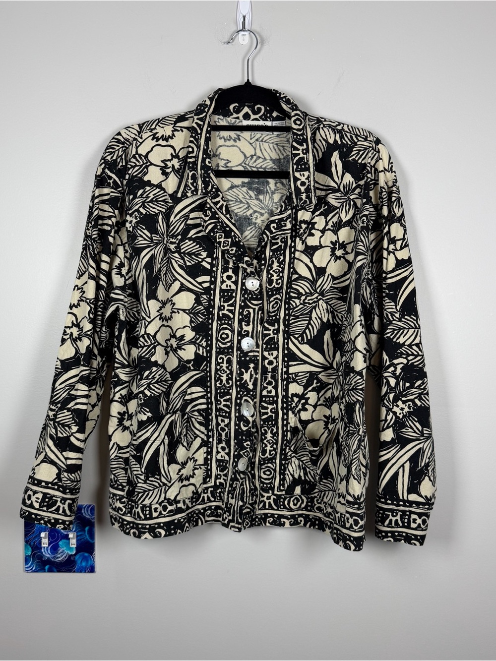 Vintage Chicos Design Black Cream Hawaiian Flower Cotton Jacket Tribal Artsy S/M